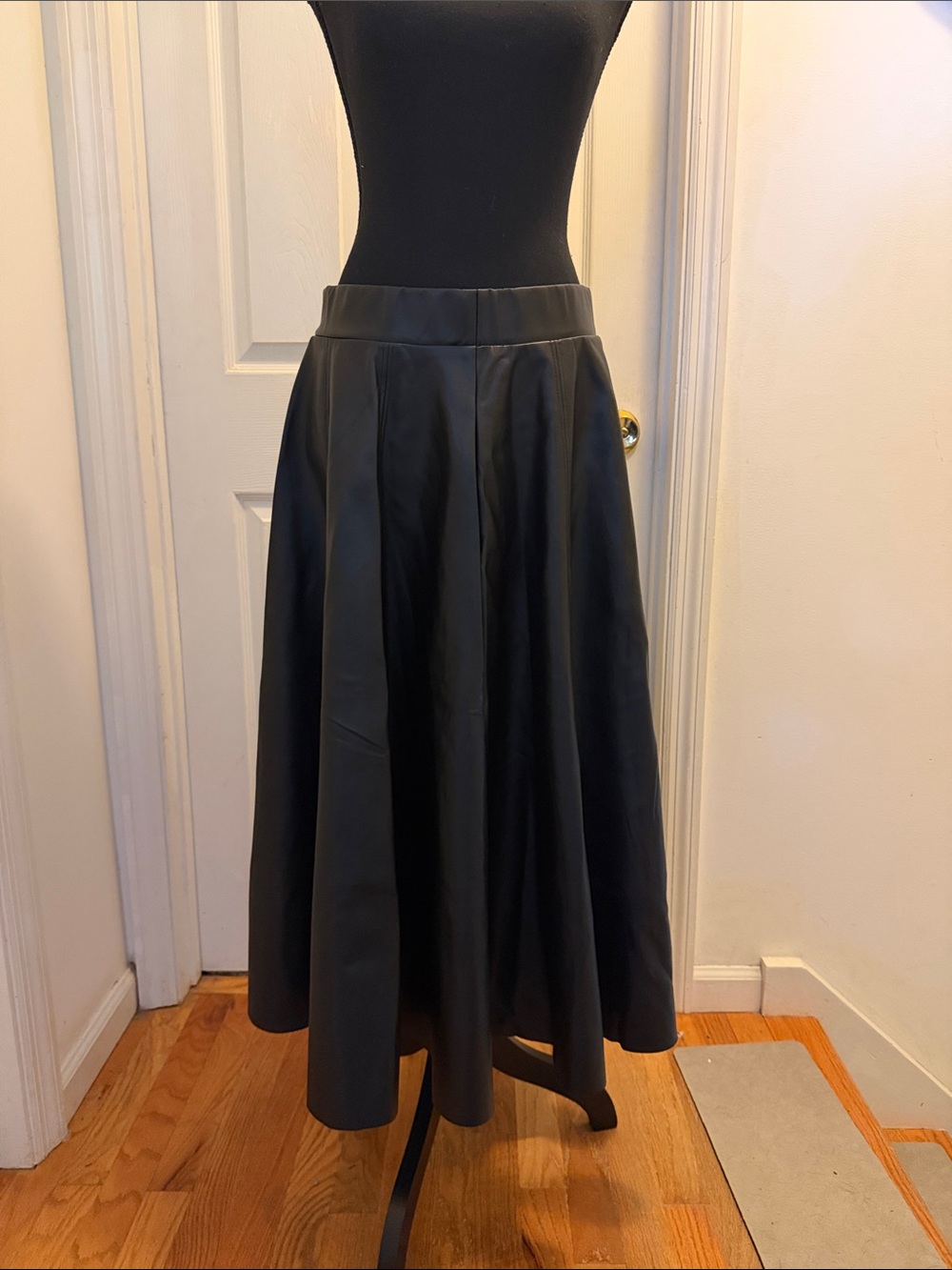Black Faux Leather A-Line Midi Skirt - Women's